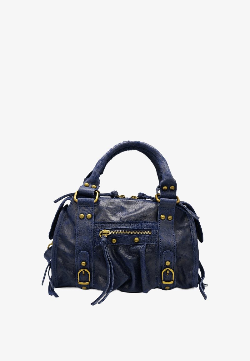Sac à main en cuir bleu marine avec une finition texturée, quincaillerie dorée, poche zippée et doubles poignées supérieures avec des accents décoratifs.