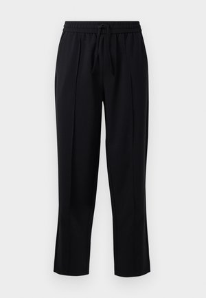 Schwarze Hosen aus weichem, leichtem Stoff. Sie verfügen über einen elastischen Bund mit Kordelzug, ein gerades Bein Design und Frontfalten.