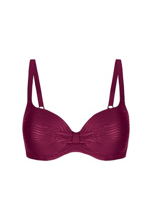 Burgundowa biustonosz z drutem, wykonany z gładkiego materiału, z teksturowanymi falistymi wzorami i centralną kokardką. Regulowane ramiączka i klasyczny krój.