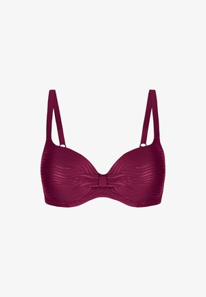 Burgundowa biustonosz z drutem, wykonany z gładkiego materiału, z teksturowanymi falistymi wzorami i centralną kokardką. Regulowane ramiączka i klasyczny krój.