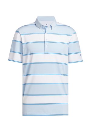Vaaleansininen poolopaita, jossa valkoiset ja siniset vaakaraitaiset kuviot, lyhyet hihat, napillinen etulista ja kaulus. Adidaksen logo hihassa.