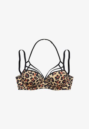 Reggiseno con stampa leopardata e spalline nere, caratterizzato da un design strutturato e da dettagli con più cinghie per un maggiore interesse visivo.