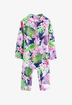 Costume da bagno intero a maniche lunghe in blu navy, con vivaci motivi floreali tropicali in rosa e verde, dotato di una zip frontale e bordi rosa.