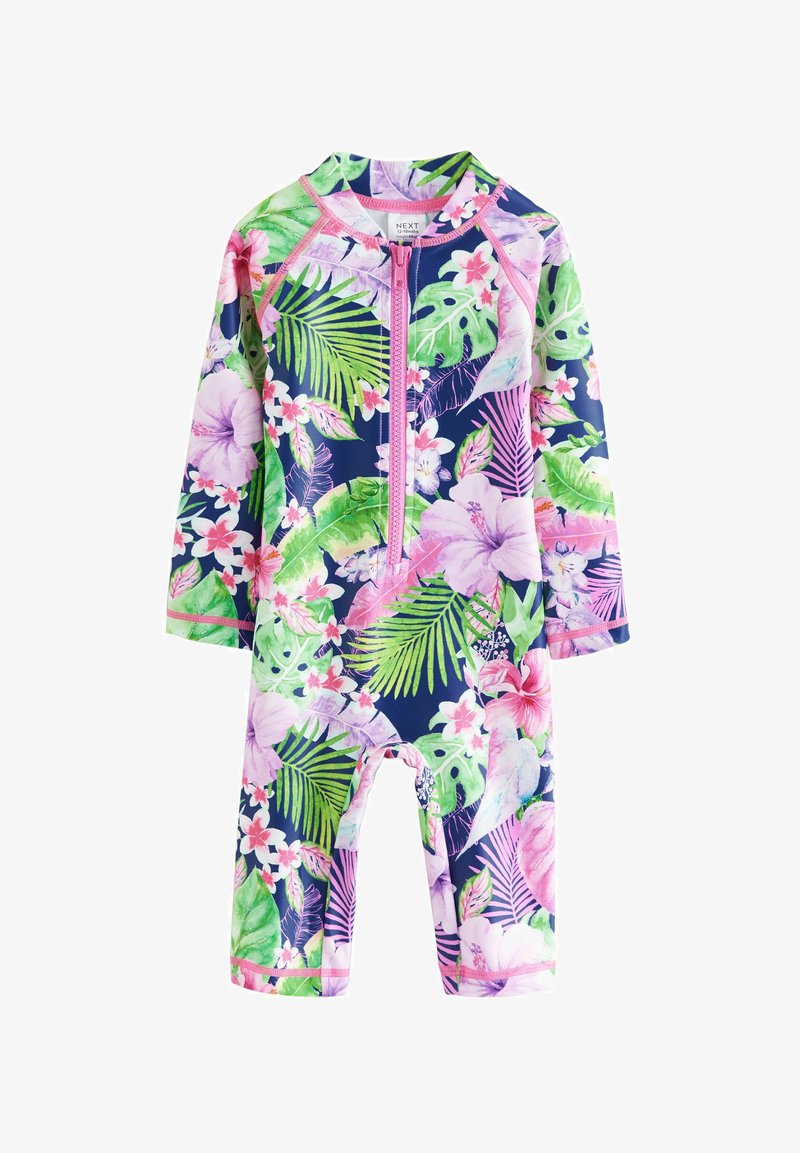 Garās piedurknes, viengabala peldkostīms tumši zilā krāsā, ar spilgti rozā un zaļiem tropu ziedu rakstiem, priekšā ar rāvējslēdzēju un rozā apdari.