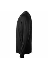 Zwarte lange mouwen shirt van lichtgewicht, gladde stof. Heeft een ronde halslijn en een licht taps toelopend ontwerp. Eenvoudig en effen kleur.