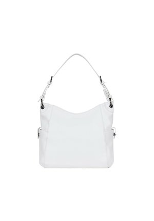 Borsa a spalla in pelle bianca con texture liscia, parte superiore curvata e tasche laterali. Tracolla regolabile con dettagli in metallo argentato.