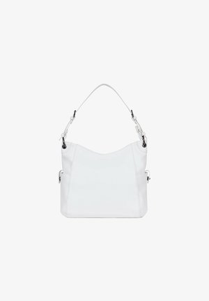 Borsa a spalla in pelle bianca con texture liscia, parte superiore curvata e tasche laterali. Tracolla regolabile con dettagli in metallo argentato.