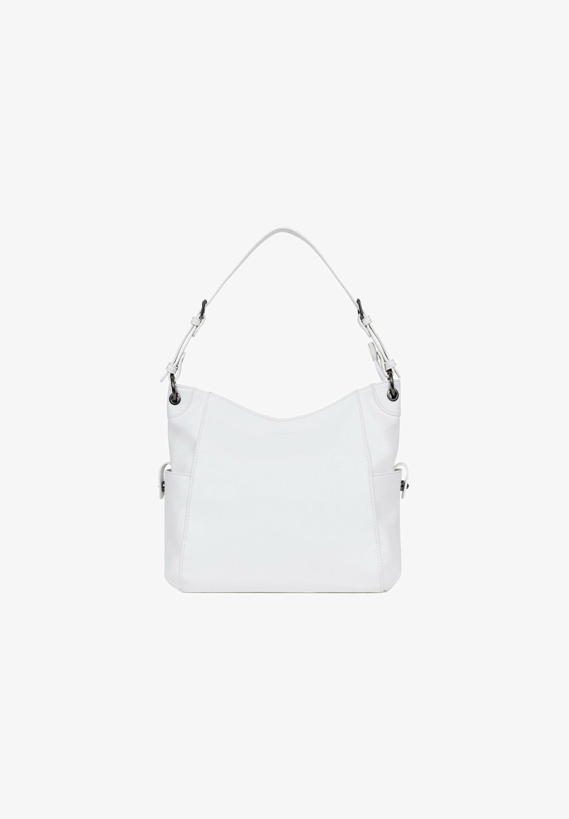 Witte lederen schoudertas met een gladde textuur, gebogen bovenkant en zijvakjes. Verstelbare schouderband met zilveren hardwareaccenten.