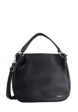 Zwarte leren handtas met een gestructureerde afwerking, gouden hardware accenten, een enkele bovenhandgreep en een afneembare schouderriem voor schouder- of crossbodygebruik.