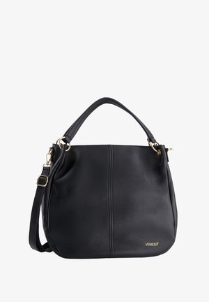 Sort læderhandtaske med struktureret overflade, guldfarvede metaldele, et enkelt topgreb samt en aftagelig strop til skulder- eller crossbody-bæreegenskaber.