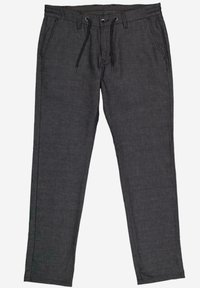 Dark gray pants made from textured fabric, featuring an elastic waistband with drawstrings, side pockets, and a straight-leg design.