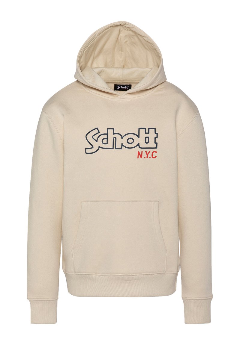 Sudadera beige con un bolsillo frontal, capucha con cordón y logotipo impreso "Schott N.Y.C" en azul oscuro y rojo. Material suave de mezcla de algodón.