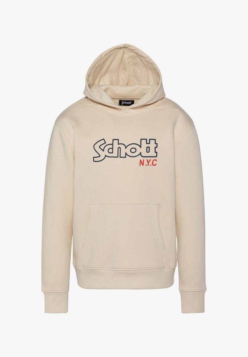 Sudadera beige con un bolsillo frontal, capucha con cordón y logotipo impreso "Schott N.Y.C" en azul oscuro y rojo. Material suave de mezcla de algodón.