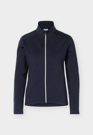 Μπουφάν μακρυμάνικο σε ναυτικό μπλε με πλήρες φερμουάρ μπροστά και όρθιο γιακά, εμφανίζεται σε απλό λευκό φόντο.