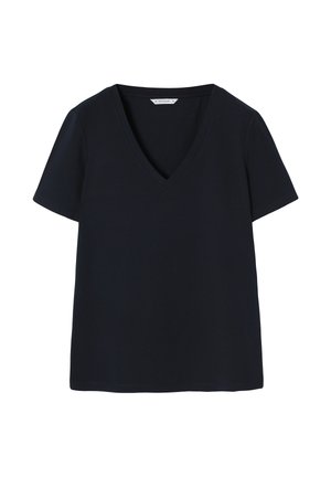 Crna majica kratkih rukava s V-izrezom, izrađena od mekanog materijala, s ravnim krojem i minimalističkim stilom bez uzoraka ili akcenta.