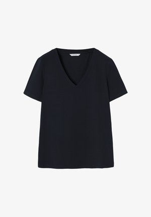 Black short-sleeve T-shirt with a V-neck design, made of soft fabric, featuring a straight cut and minimalistic style without patterns or accents.