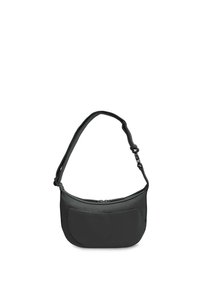 Borsa a tracolla nera realizzata in materiale texturizzato, con una forma curva, tracolla regolabile e chiusura superiore con zip, dotata di una tasca frontale.