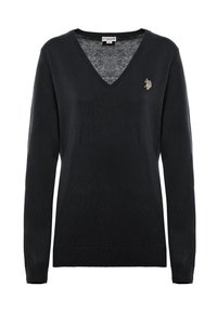 Maglione nero a V realizzato in tessuto morbido, con maniche lunghe e un piccolo logo ricamato sul petto sinistro.