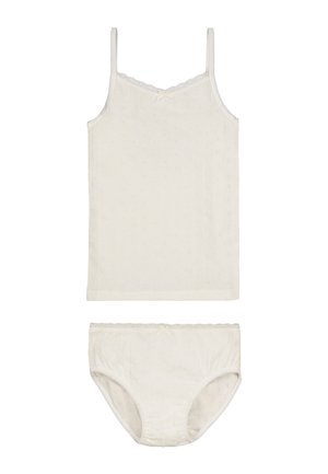 Camiseta de tirantes para niña de algodón blanco acanalado con tirantes finos y braguitas a juego con detalles de encaje.