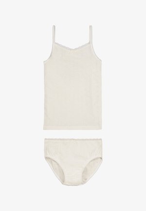 Camiseta de tirantes para niña de algodón blanco acanalado con tirantes finos y braguitas a juego con detalles de encaje.