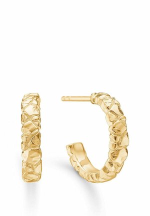 Øreringe i guldfarvet tone med et tekstureret, uregelmæssigt design. Har en elegant, åben bagside og en poleret finish.