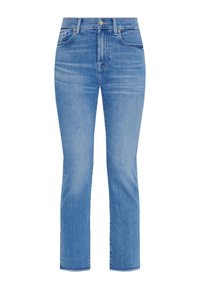Jeans in denim leggermente blu con taglio dritto, design a cinque tasche e leggera usura; presentano una chiusura con bottone e cerniera.