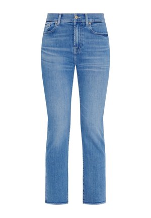 Helle blaue Jeans aus Denim mit geradem Bein, fünf Taschen-Design und leichter Auswaschung; verfügt über einen Knopf- und Reißverschluss.