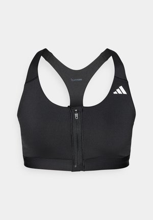 Μαύρο αθλητικό μπουστάκι με φερμουάρ μπροστά, κατασκευασμένο από διαπνέον ύφασμα. Διαθέτει σχέδιο με racerback και έμφαση με λογότυπο στη δεξιά πάνω πλευρά.