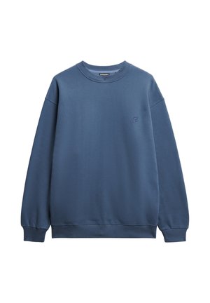 Blaues Sweatshirt aus Baumwollmischung mit Rundhalsausschnitt, langen Ärmeln und einem kleinen bestickten Logo auf der Brust. Glatte Textur.