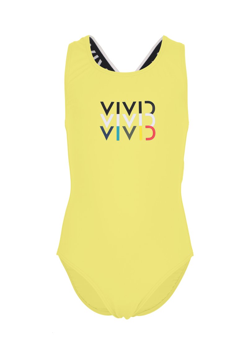 Gelber Badeanzug mit Rundhalsausschnitt, ausgestattet mit einem schwarzen und bunten "VIVID"-Logo, das zentral auf der Vorderseite platziert ist. Glatte Textur, Material aus Spandex.