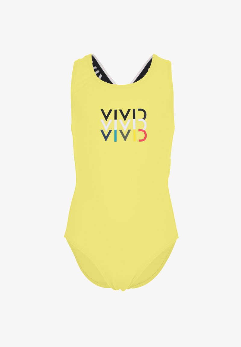 Gelber Badeanzug mit Rundhalsausschnitt, ausgestattet mit einem schwarzen und bunten "VIVID"-Logo, das zentral auf der Vorderseite platziert ist. Glatte Textur, Material aus Spandex.