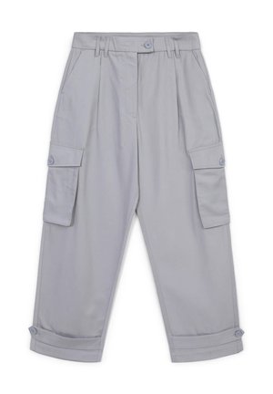 Hellgraue Cargo-Hose mit zwei seitlichen Taschen, gefälteter Vorderseite, Knopfverschluss und umgeschlagenen Säumen. Aus glattem, strapazierfähigem Stoff gefertigt.