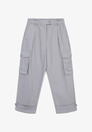 Hellgraue Cargo-Hose mit zwei seitlichen Taschen, gefälteter Vorderseite, Knopfverschluss und umgeschlagenen Säumen. Aus glattem, strapazierfähigem Stoff gefertigt.