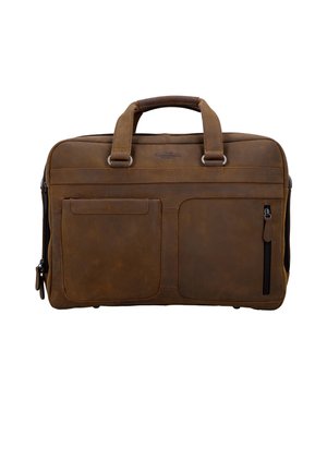 Brun læder dokumentmappe med to håndtag, frontlommer, lynlåslukning og poleret hardware; glat tekstur med en mat finish.