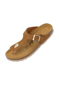 Bruine suède teensandalen met een ronde banddetail, een gouden gesp en een geprofileerde natuurlijke kurken voetbed; dikke witte rubberen zool.