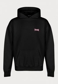 Felpa con cappuccio nera in misto cotone, dotata di tasca a marsupio e piccolo logo rosa sull'area sinistra del petto. Tessuto morbido.