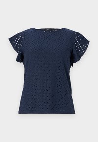 Tyrkysový top s krátkým rukávem s texturovaným vzorem očí, diamantovými výřezy a volánovými rukávy. Kulatý výstřih. Materiál z bavlněné směsi.
