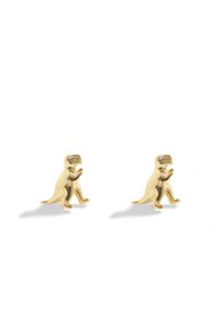Pendientes de stud en tono dorado con diseño de T-rex, que cuentan con un ojo de gema transparente, superficie suave y extremidades detalladas.