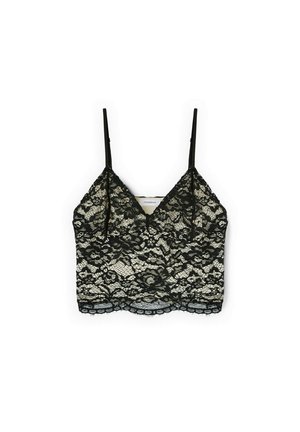 Czarna koronkowa krótka koszulka na cienkich regulowanych ramiączkach z dekoltem w serek.