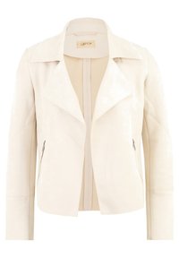 Cream-colored faux leather jacket with a lapel collar, front zipper, and silver hardware accents. Features two side pockets and fitted design.