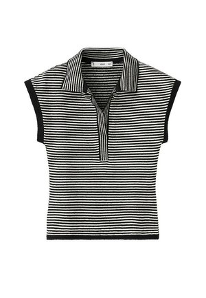 Zwart-wit gestreept gebreid T-shirt met korte mouwen, een kraag en een knoopsluiting aan de voorkant, met zwarte bies aan de mouwen en zoom.