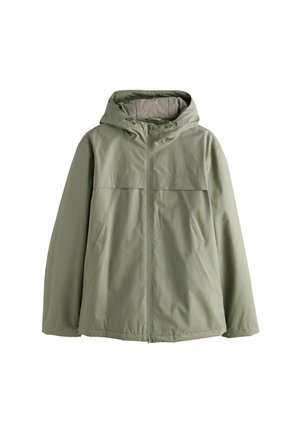 Chaqueta con capucha de color verde oliva claro, con cremallera frontal, dos bolsillos laterales y cordones ajustables en la capucha.