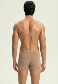 Męskie slipy w jasnobeżowym kolorze z dopasowanym krojem. Posiadają szary pas nadrukowany w kwiaty oraz gładką fakturę.