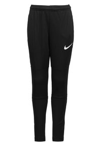 Zwarte sportbroek met een elastische tailleband, taps toelopende pijpen en een wit Nike-logo op de linker bovenbeen. Gemaakt van een glad, lichtgewicht materiaal.