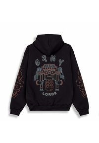 Sudadera negra con capucha que presenta bordados multicolores con el texto "GRMY AQUÍ VIENEN LOS SEÑORES", y elementos de diseño intrincados en la parte trasera.