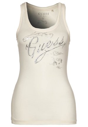 Ärmelloses Tanktop in Cremefarbe mit silbernem "Guess"-Logo und dekorativen, mit Strasssteinen verzierten Wirbeln.