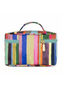 Bolsa de cosméticos a rayas que presenta franjas verticales de colores variados, material de tela, cierre de cremallera y un asa superior para facilitar su transporte.