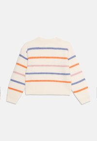 Pull en coton crème avec des rayures multicolores en orange, bleu et rose. Présente un col rond et des poignets côtelés. Vue de dos montrée.