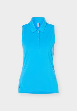 Tricou polo de culoare albastru deschis, fără mâneci, cu patru nasturi în față și guler, prezentat pe un fundal alb simplu.