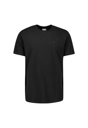 Black short-sleeve crew neck T-shirt with a small hexagonal logo on the left chest.